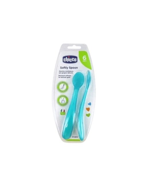 CHICCO 2 Cuillères Silicone Softly Spoon Vert Blue 6M+